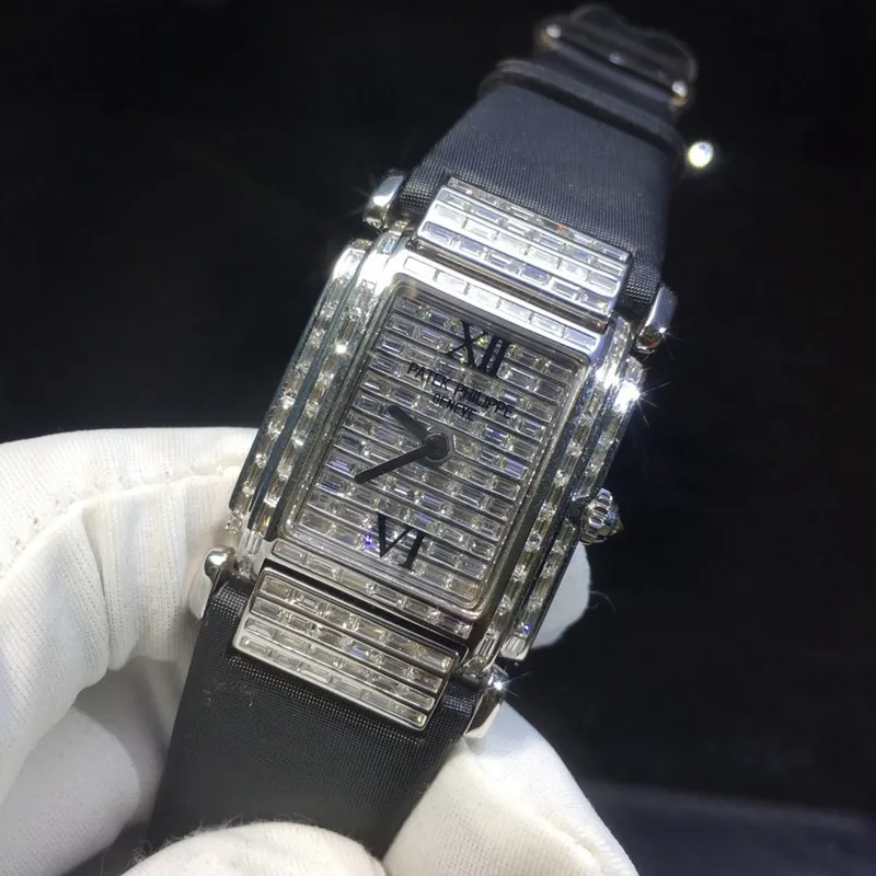 Real diamond replicaPatek Philippe women's square watch full of diamonds front view