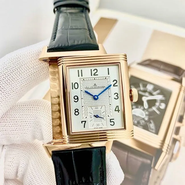 top-tier watch Jaeger-LeCoultre men's white dial flip series black belt manual winding watch front view