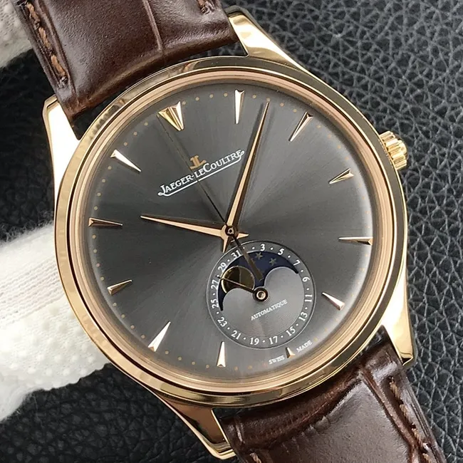 GF Factorytop-tier watch Jaeger-LeCoultreautomatic movement men's black dial brown belt master series leather strap watch front view