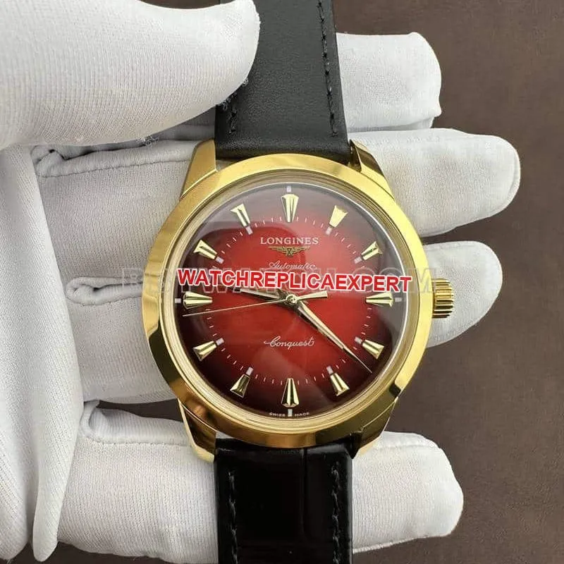 AF FactoryLongines Concas 1:1super gradient red plate yellow goldleather strap front live photo