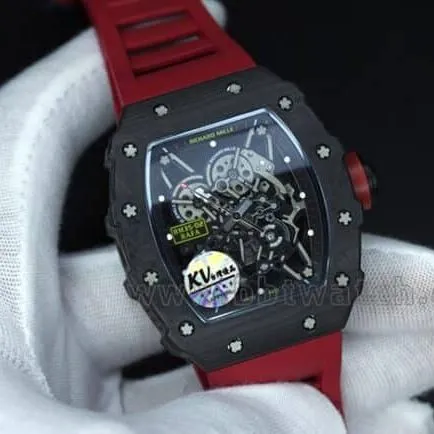 top-tier watch Richard Millerm53 carbon fiber men's black dial red strap hollow mechanical watch side view