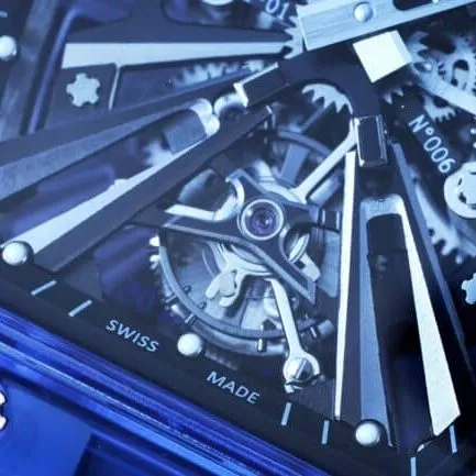 The extraordinary sports quality RM12-01 tourbillons apphire crystal transparent version reproduced by the high-quality Richard Milleblue dial from the famous manufacturer, front view