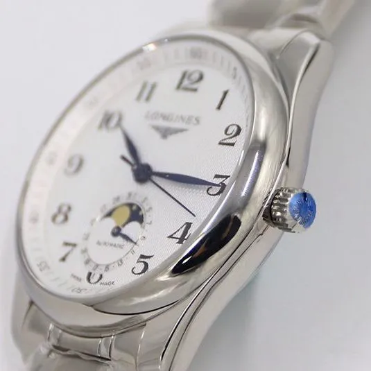 GS factory Longinesreplica watch master series moon phase watch white dial316stainless steelbracelet front view