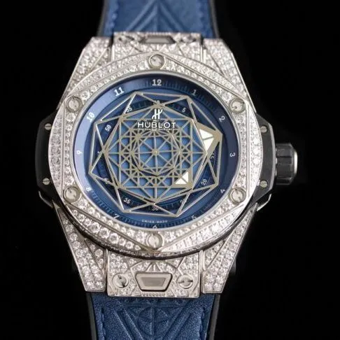 top-tier watch Hublot series tattoo OEM1:1 open mold white steel blue dial full diamond men's mechanical watch detail shots