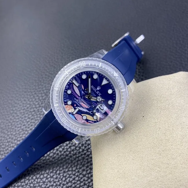 top-tier watch Rolex men's blue dialrubber strapautomatic movement watch side view