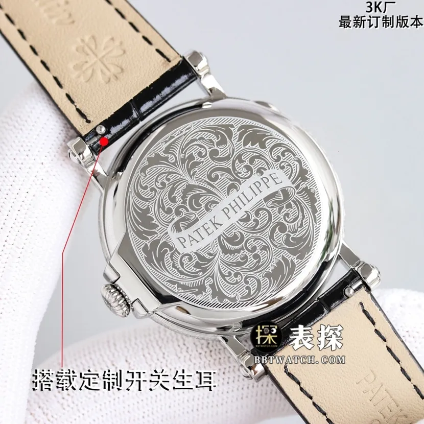 3K classic Patek Philippe1:1replica watch silver white dialleather strap model 5153G-010detail shots