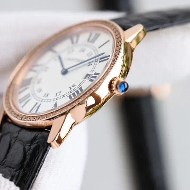 top-tier replicaCartierhigh-quality watch London series couple white dial black belt quartzleather strap front view