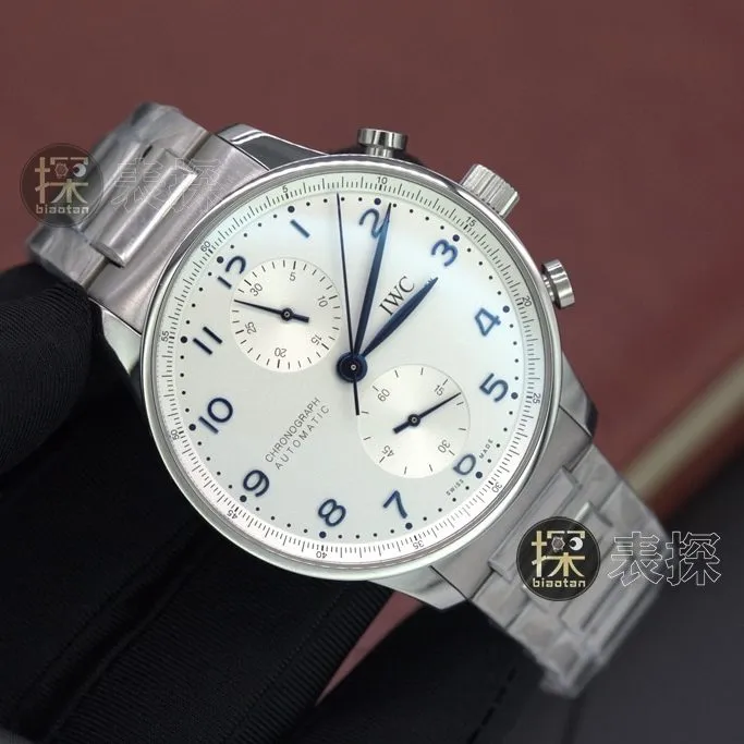 zf factory Portuguese IWC1:1replica watch white dialchronographsteel bracelet side view