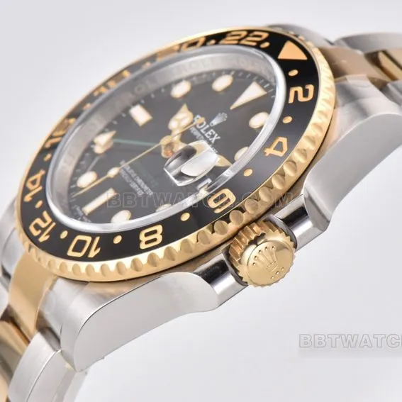 C factory RolexGMT-Master type 1:1super cloneblack dial gold steel bracelet model 116713-LN-78203front live photo