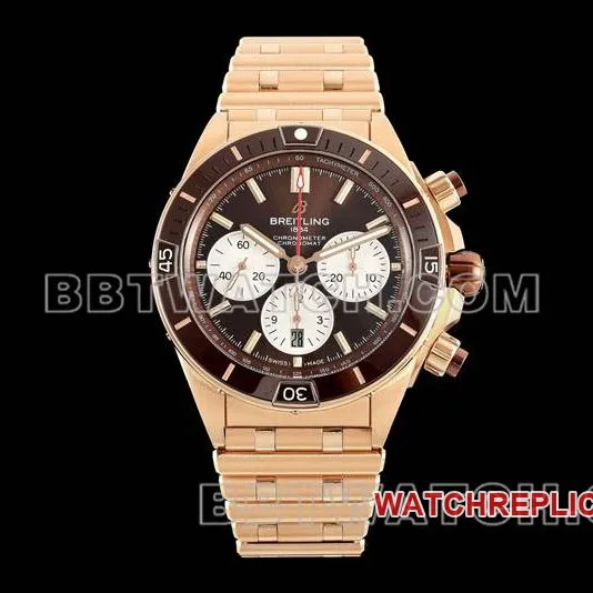 Breitling1:1replica watch TF factory mechanical chronograph brown plate 44mm rose goldsteel bracelet front live photo