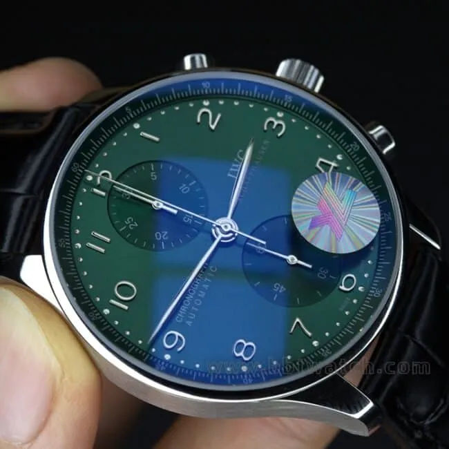 YL factory top-tier watch IWC green Portuguese watch 150th anniversary commemorative model men's green dial black belt full automatic movement see-through bottom leather strap watch front view