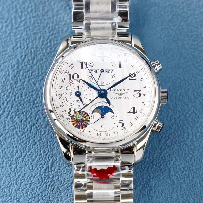 Longines famous watch KL eight-pin moon phase men's multi-functional steel bracelet mechanical watch front view