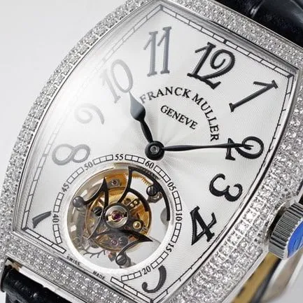 top-tier Frank Muller men's watch white dial black belt manual winding mechanical tourbillonleather strap front view