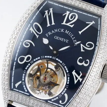 top-tier Frank Muller watch men's blue dial blue band tourbillon manual winding mechanical leather strap front view