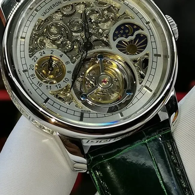 top-tier watch Vacheron Constantin men's white dial green strap fully automatic movementleather strap watch detail shots