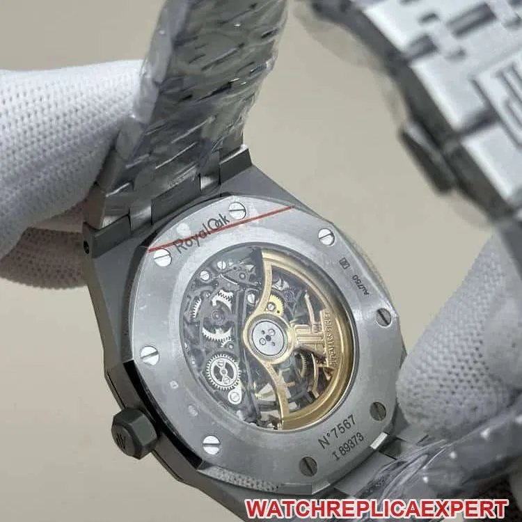 THBAudemars PiguetRoyal Oak1:1super dark gray hollow plate steel bracelet model 15407front live photo