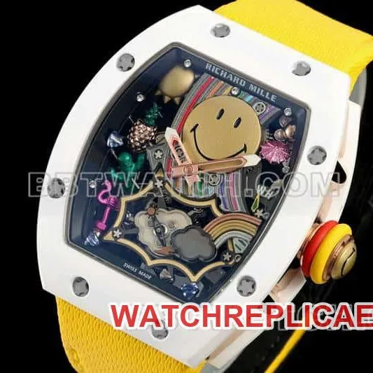 Richard Mille men's top-tier 1:1super smiley tourbillon white shell yellow leather strap model RM 88front live photo