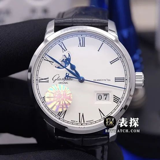 GL factory member Glashütte Original1:1replica watch white dialmoon phaseleather strap model 100-04-32-12-04clasplive photos