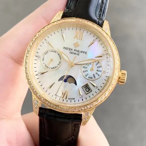 top-tier replicaPatek Philippesuper women's white dial black belt fully automatic movementleather strap watch front view
