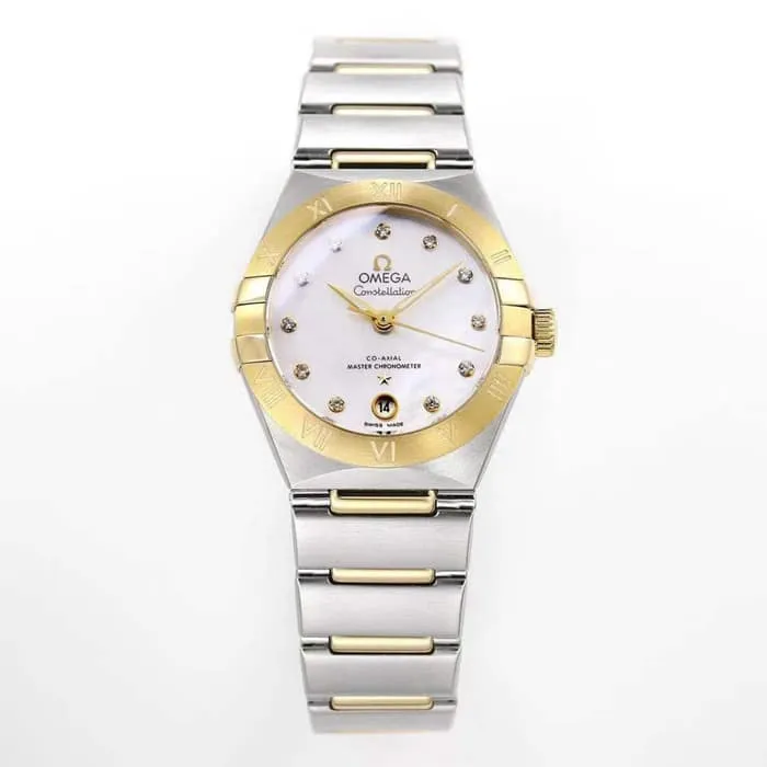Top collectible watches Omega Women's White Plate Constellation Steel Strap Watch Front View