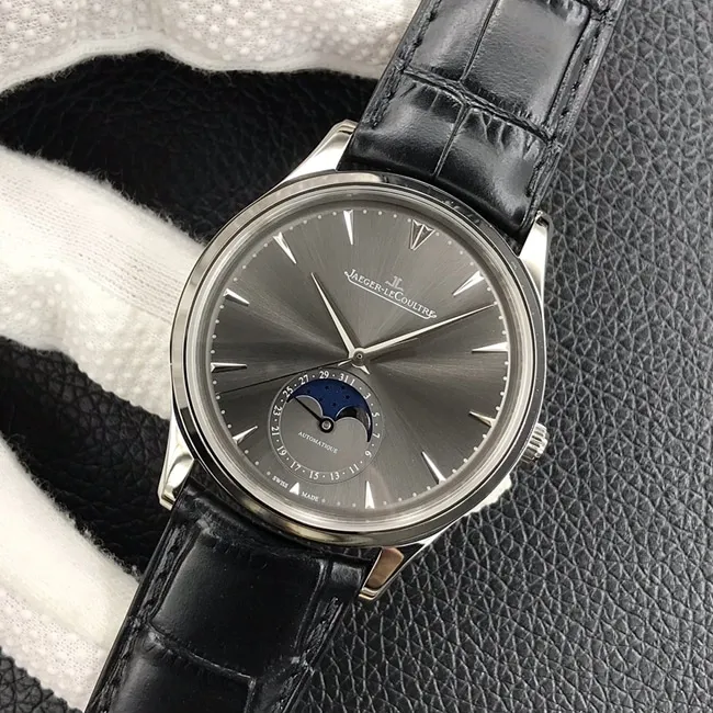 GF FactoryJaeger-LeCoultretop-tier watch moon phase master series formal men's black dial black belt automatic movement watch front view