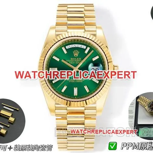 watch Rolexyellow goldPPM factory Day-Date mechanical green dialfront live photo