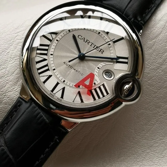 top-tier watch Cartier men's white dial blue balloon series leather strap watch front view