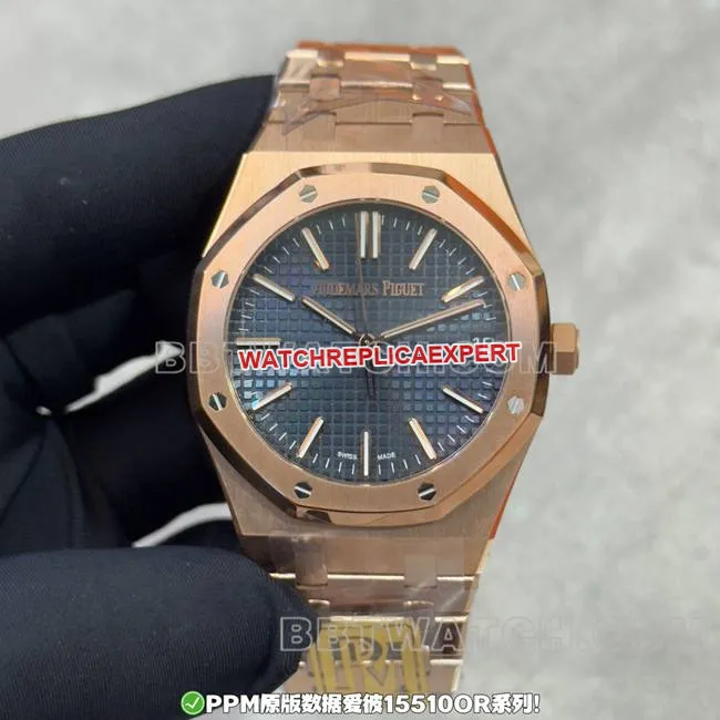 Watches AP Royal Oak Blue Dial Rose Gold Steel Strap Front Real Shot