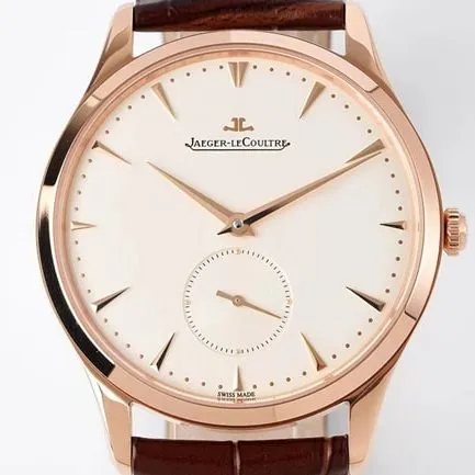 ZF FactoryJaeger-LeCoultretop-tier replicahigh-quality watch men's white dial brown belt ultra-thin master series small second hand quartzleather strap watch front view