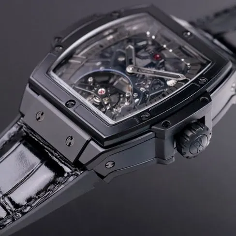 Hublot top-tiersuper watch men's black dial black belt mechanical MASTERPIECE series genuine tourbillonleather strap watch detail shots
