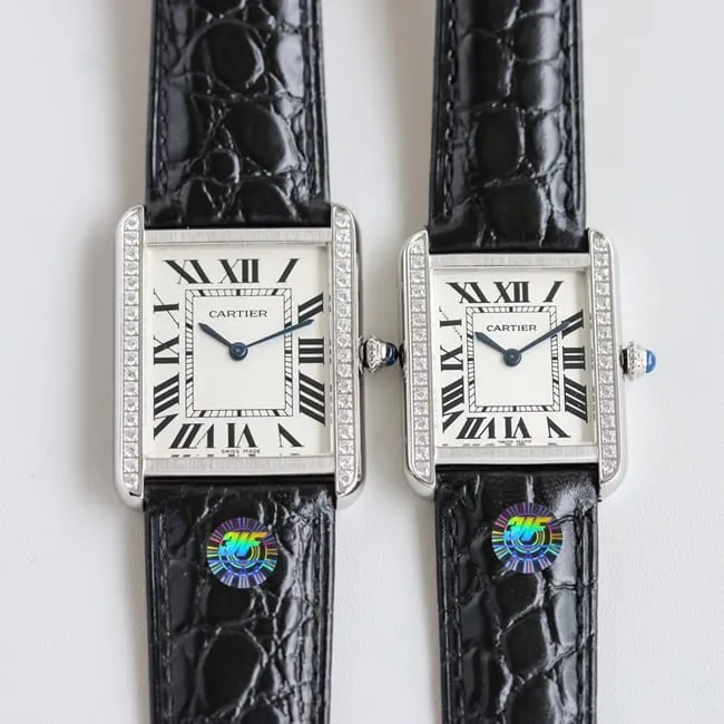 3WF factory Cartiertop-tier watch tank series couple ladies white dial black belt quartzleather strap front view