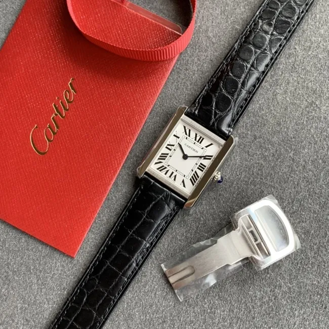 K11 factory top-tier watch Cartier tank series ladies white dial black belt mechanical watch front view
