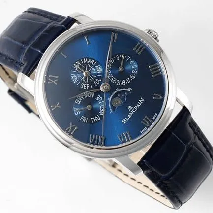 Top watch Blancpain men's blue dial blue strap classic series manual mechanical leather strap watch front view