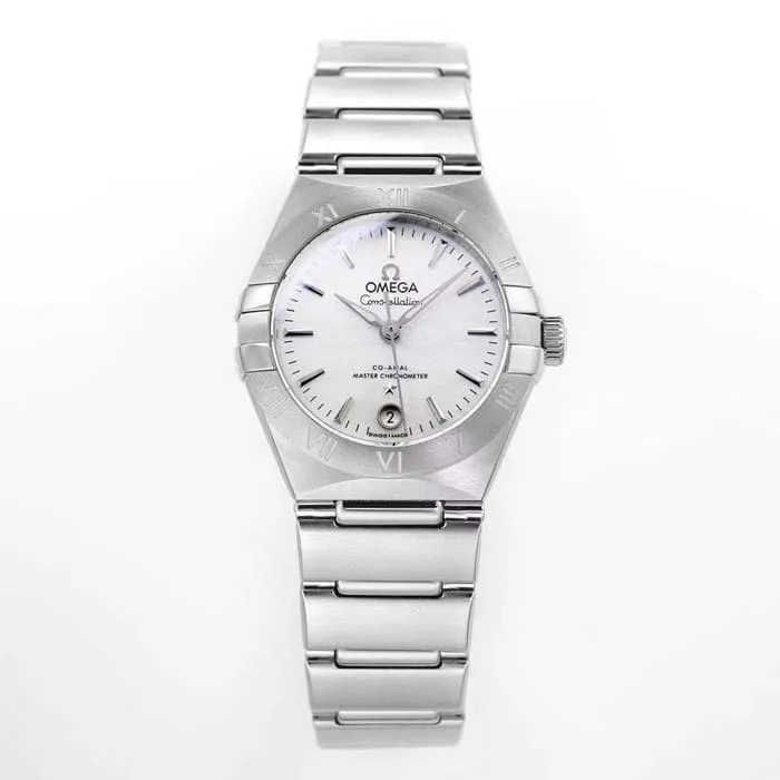 Top collectible watches Omega Women's White Plate Constellation Steel Strap Watch Front View