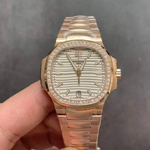 Patek Philippereplica watch Nautilusdiamond bezel full rose gold women's front view