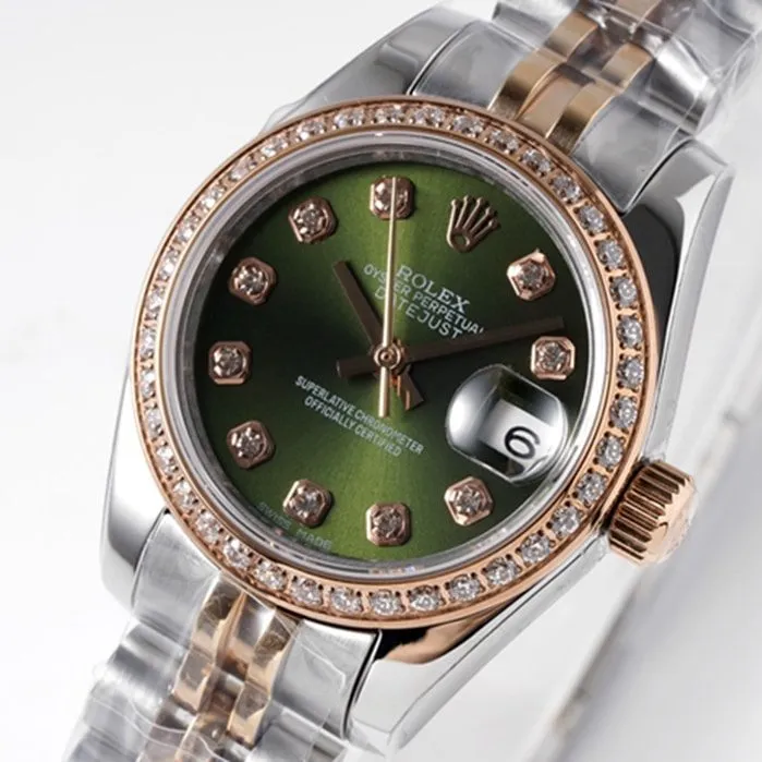 top-tier watch Rolexladies' watchgreen dialDatejuststeel bracelet front view