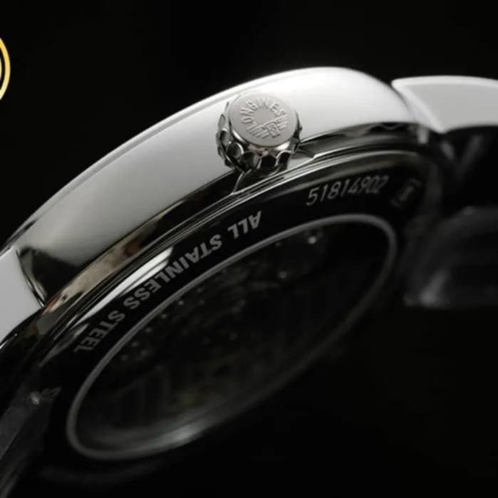 top-tier watch Longines men's white dial black belt magnificent series leather strap watch front view
