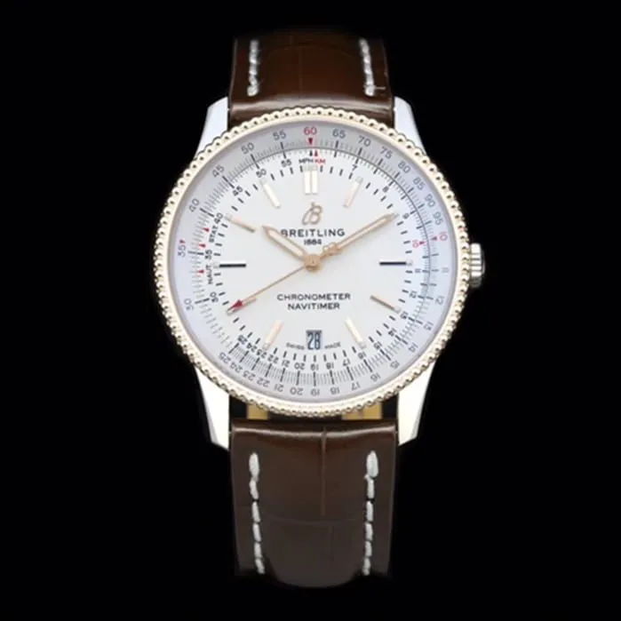 top-tier watch Breitling men's white dial aviation chronograph1 series leather strap watch front view