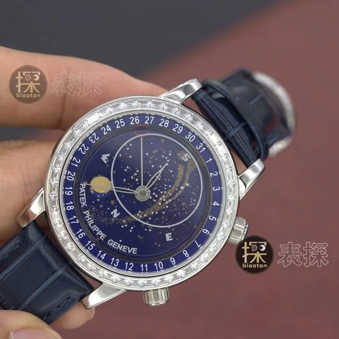 yl Gypsophila Patek Philippe1:1replica hand bezel diamond blue dial blue leather bracelet front view