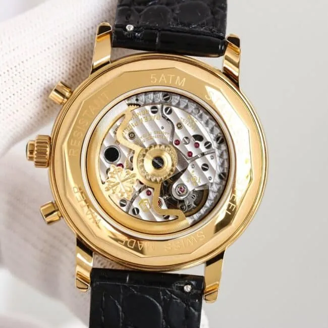 top-tier watch Patek Philippe super complex function chronograph series 18K gold white bottom men's mechanical watch front view