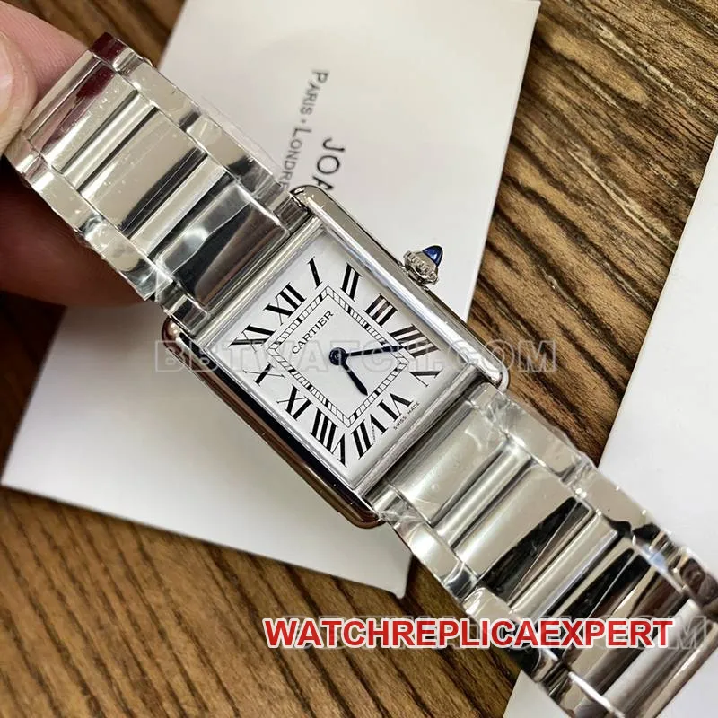 Cartier watch tank white dial blue steel hands mechanical steel bracelet model front live photo