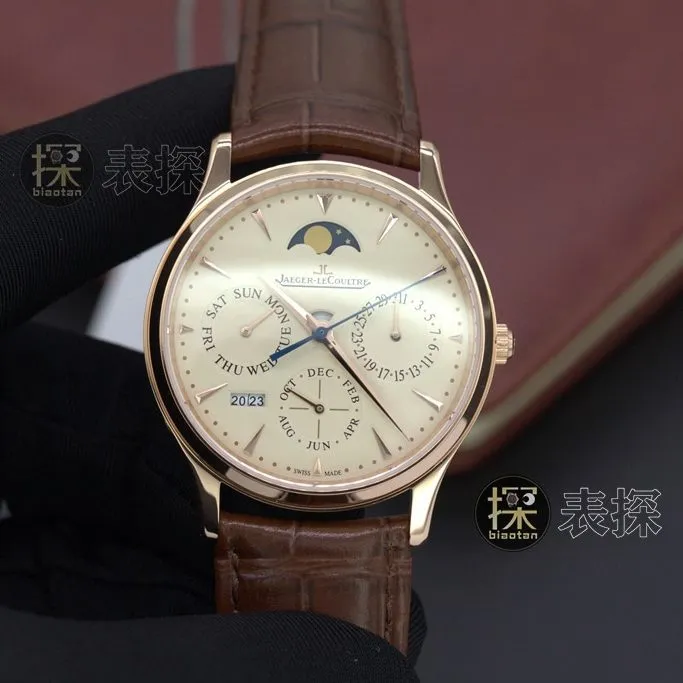 J Perpetual Calendar Jaeger-LeCoultre watch rose goldchronograph brown leather bracelet front view