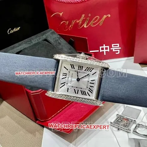 collectible watch tank DR factory Cartier silver white dialdiamond bezelquartz blue leather braceletfront live photo