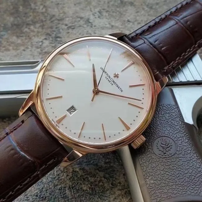 MKS Factorytop-tier replicaVacheron Constantin men's white dial brown belt heritage series 85180automatic movementleather strap watch front view