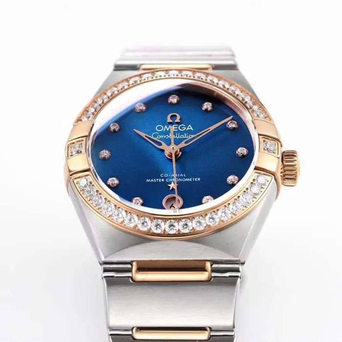 top-tier watch Omega women's blue dial constellation series steel bracelet watch front view