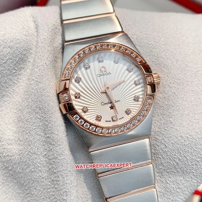 Top Omega Constellation white dial rose gold diamond bezel 28mm quartz side real shot pictures