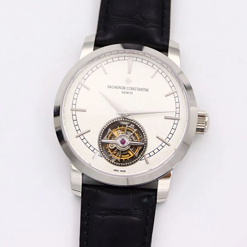 Vacheron Constantintop-tier watch Traditionnelle series tourbillonleather strapwhite dial men's watch side view