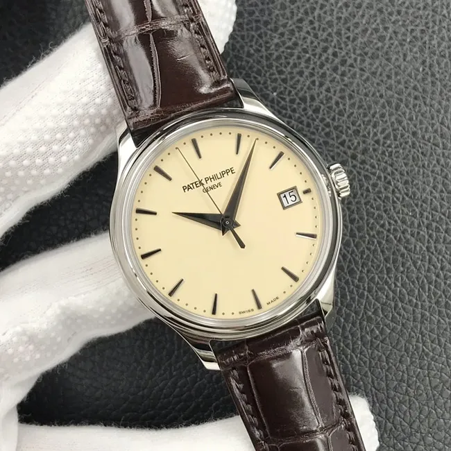 3k factory top-tier watch Patek Philippe yellow plate brown belt automatic movement men's leather strap watch front view