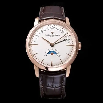 top-tier Vacheron Constantin men's white dial brown belt heritage series leather strap mechanical watch front view