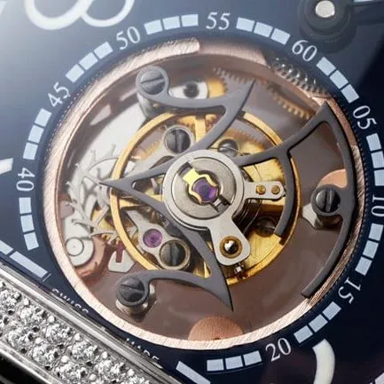 top-tier Frank Muller watch men's blue dial blue band tourbillon manual winding mechanical leather strap front view